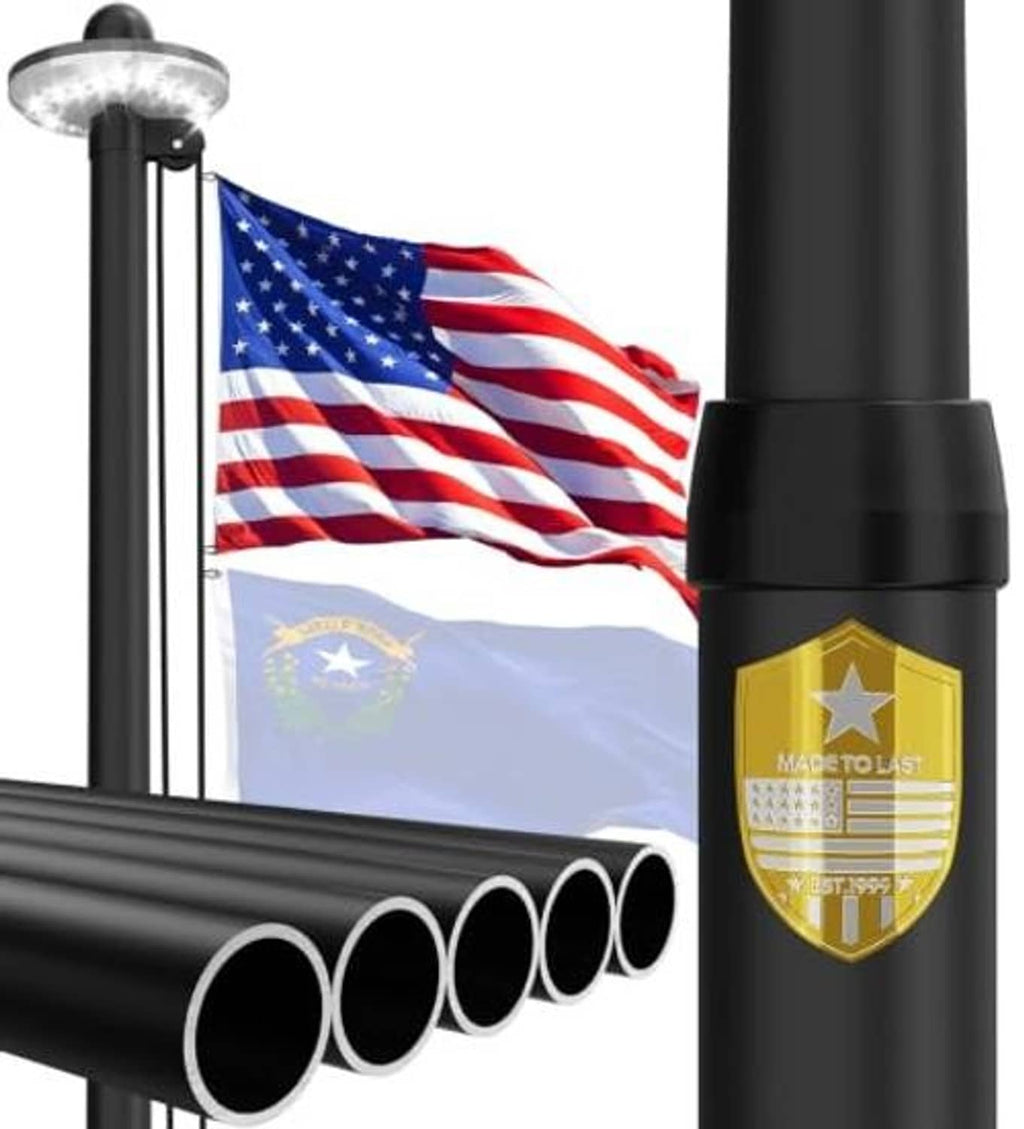Black flagpole with solar light and American flag graphic over large base tube