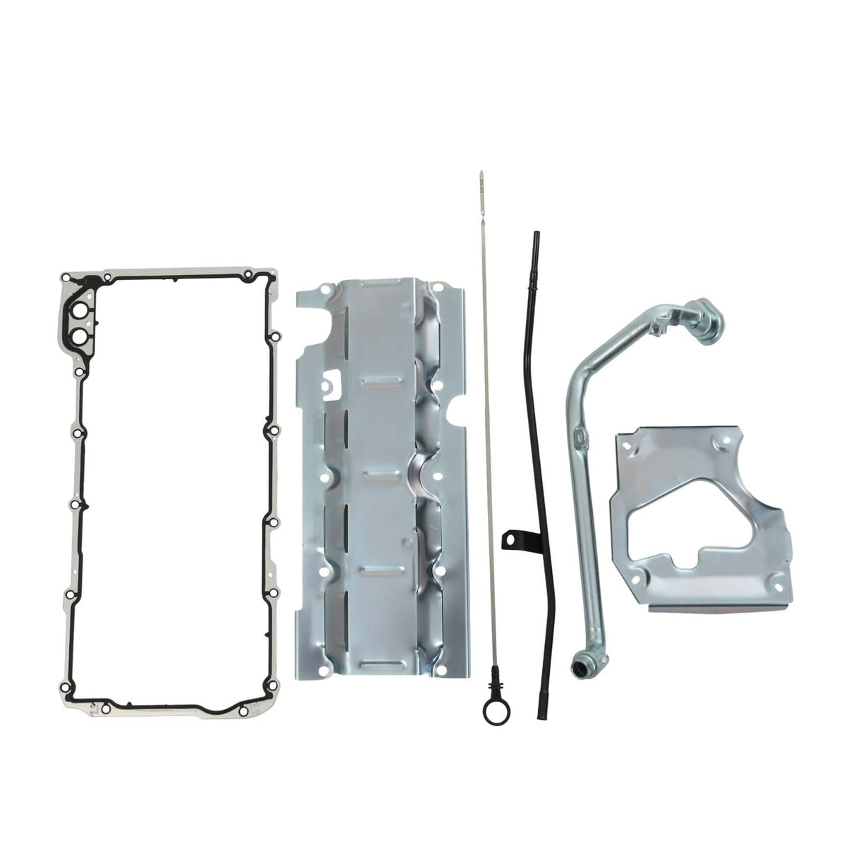 Engine oil pan kit parts: gasket plate, pan cover, tube rod, and mounting bracket