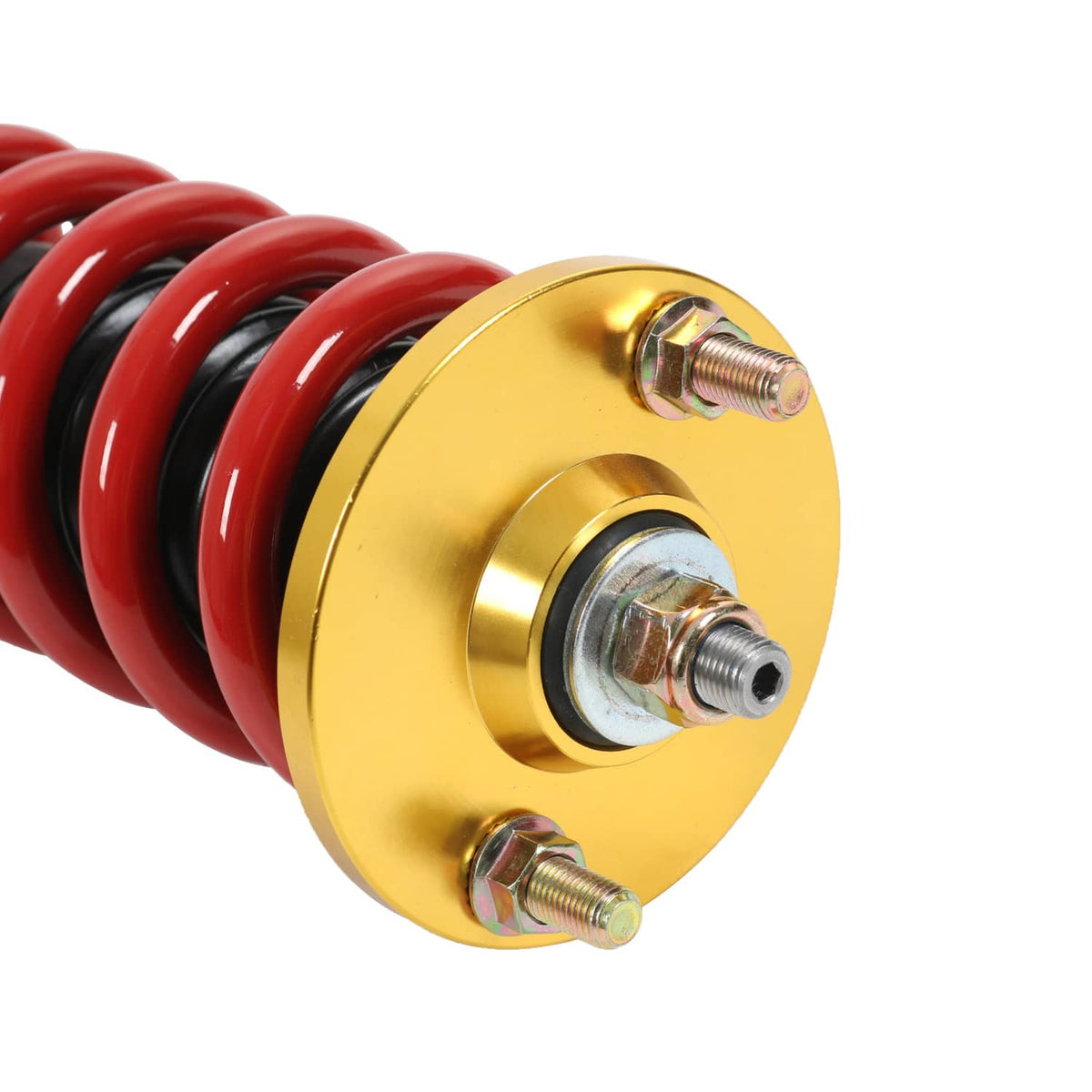 Gold top mount with bolts on a coilover shock, showing red and black spring coils