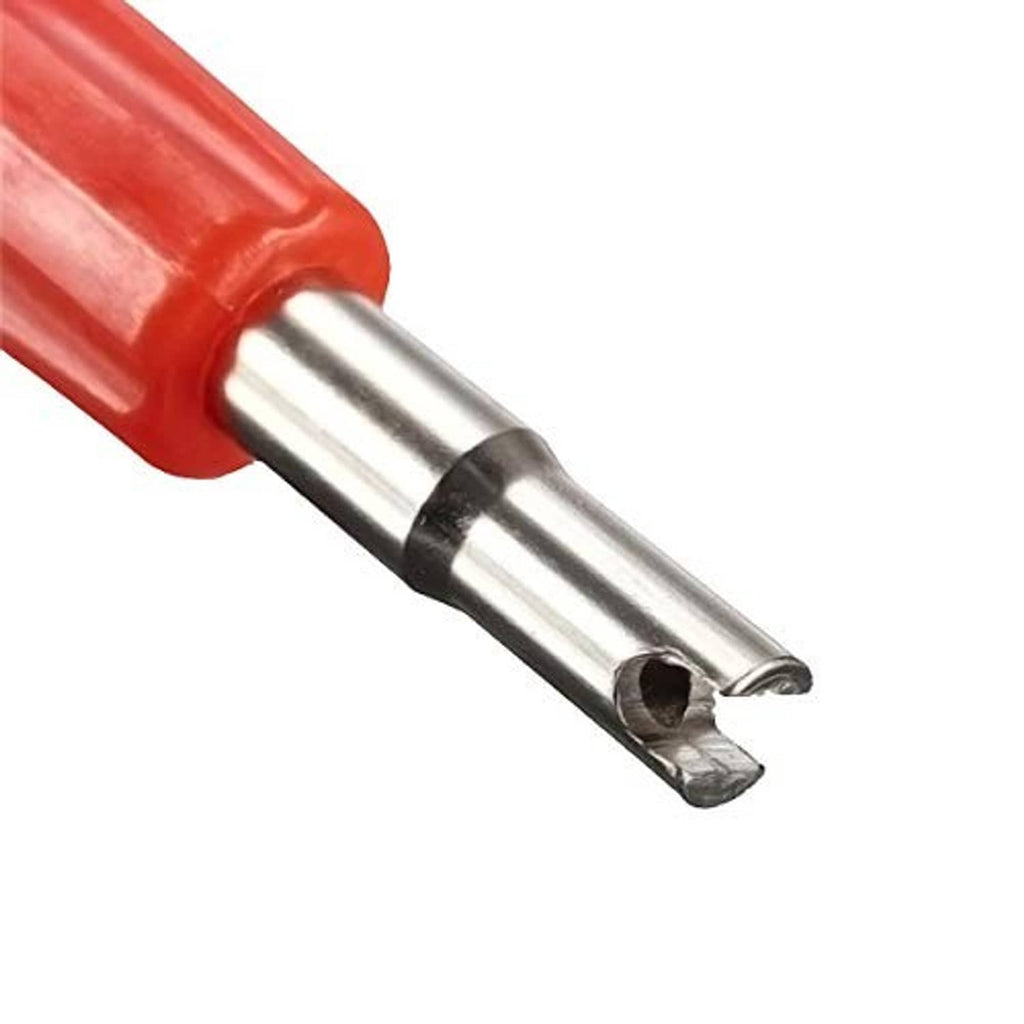 Close-up of red handle with shiny metal tip for valve core removal