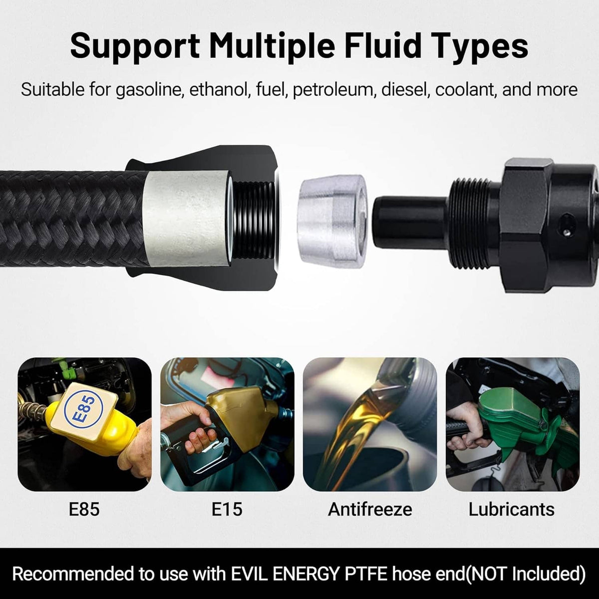 AN12 fuel line with braided section and threaded fittings for multiple fluid connections.