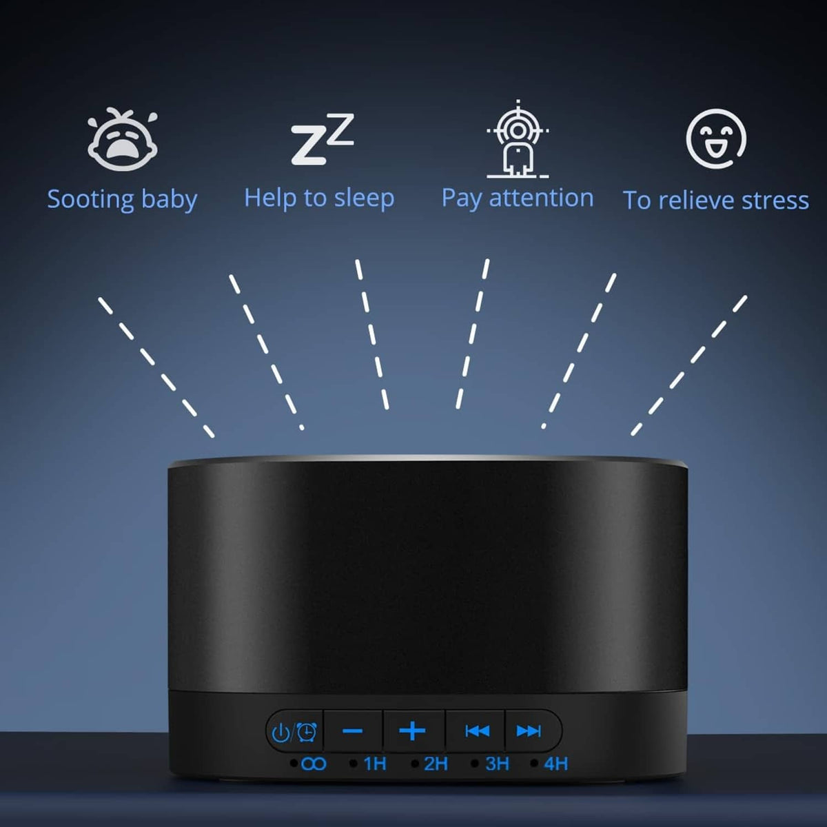 Black sound machine with blue-lit control panel and top speaker grille