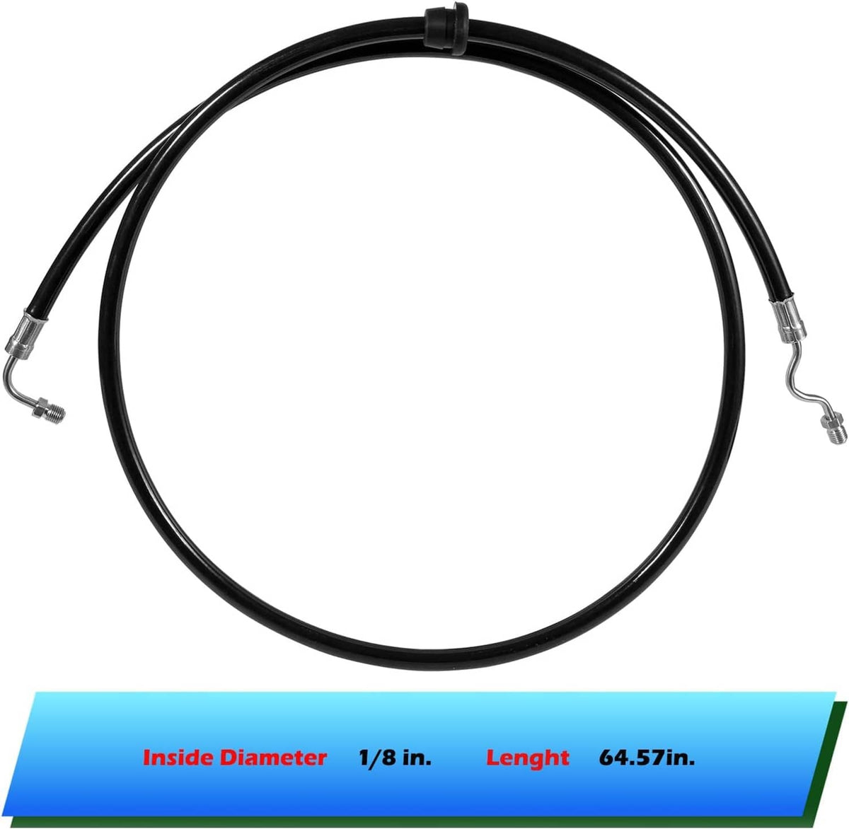Black power trim hose with two metal end fittings and molded connector section