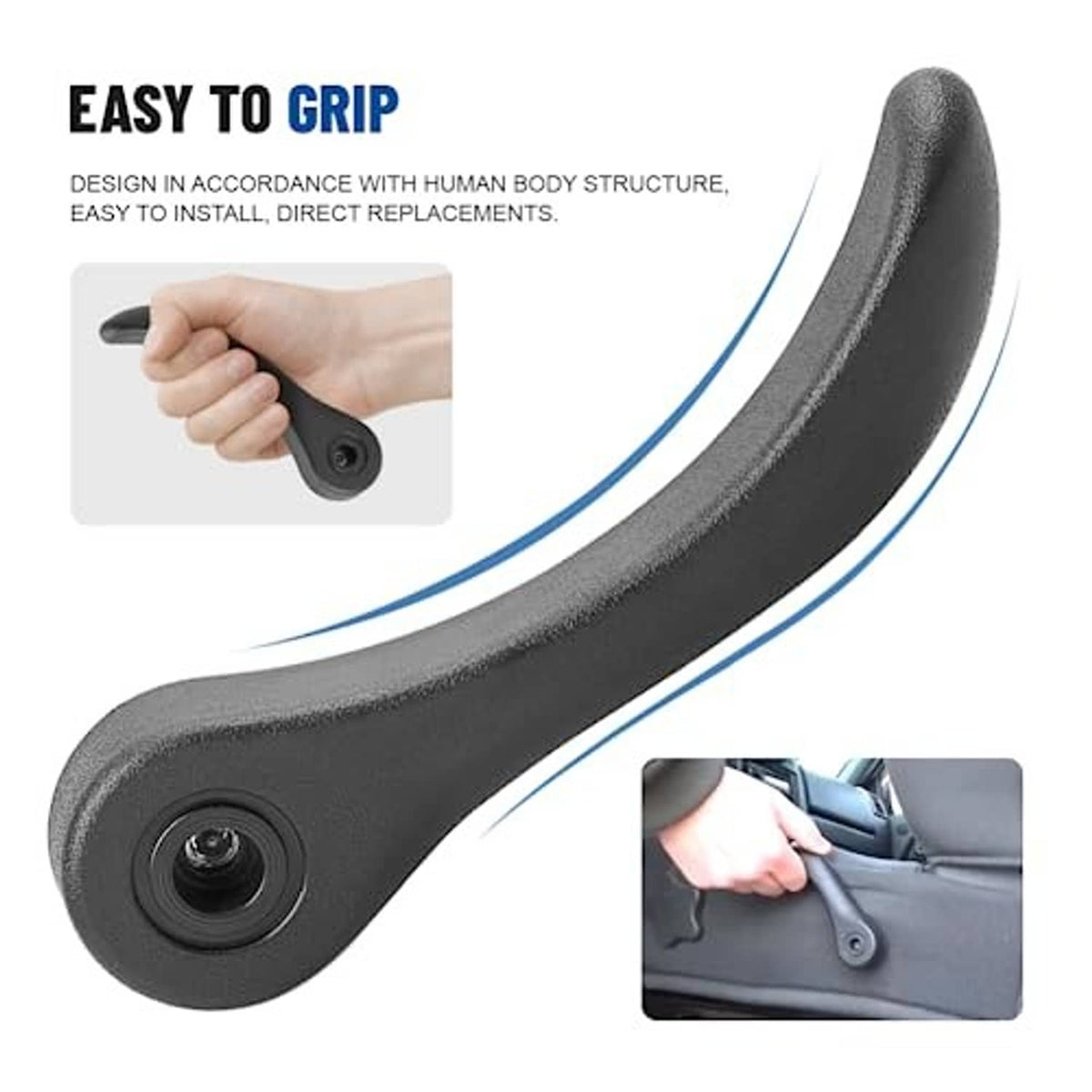 Gray recliner adjustment handle with textured grip, hand holding over the knob