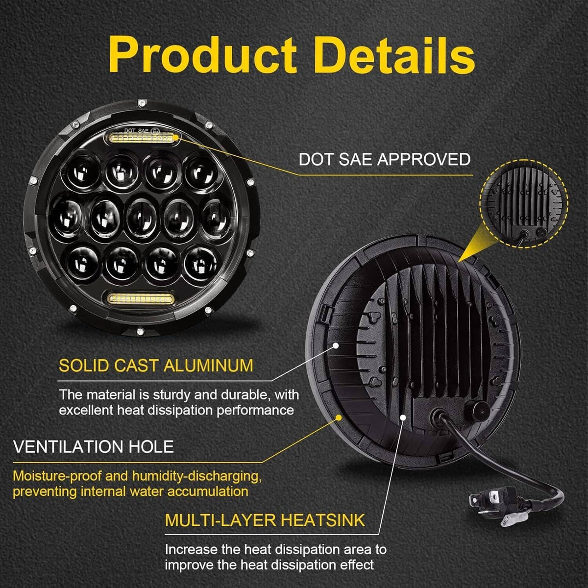 Round LED headlight with vented back and heat-sink fins; black housing, multiple LED lenses