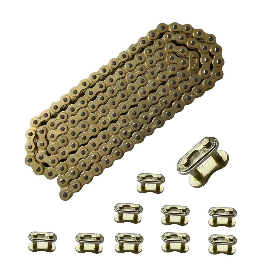 Gold motorcycle drive chain with master link and chain clip set