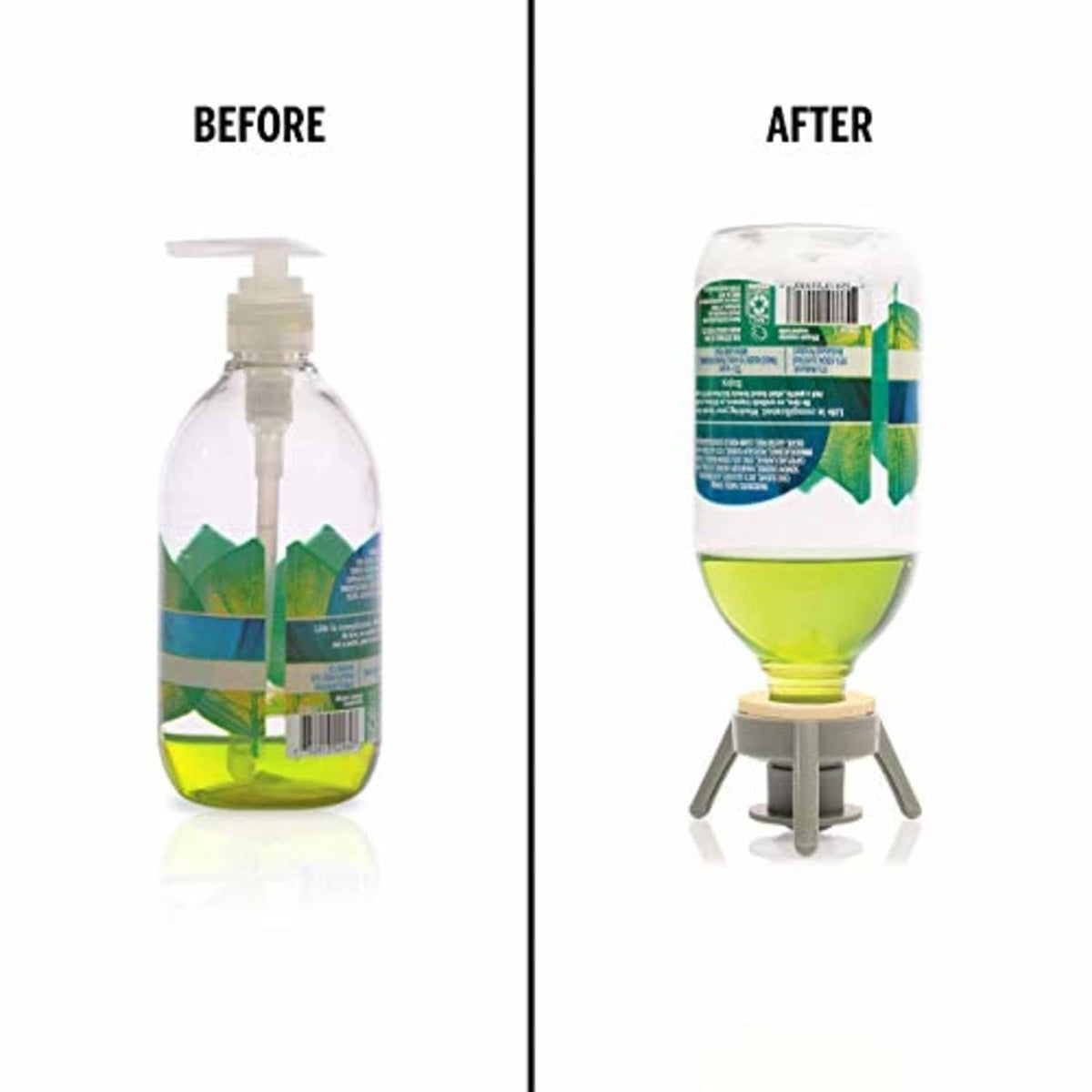 Bottle emptying before-and-after view: pump bottle replaced by green bottle on base