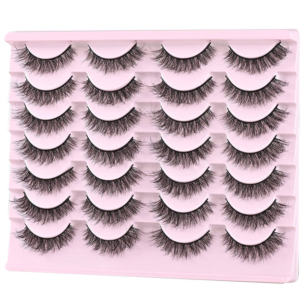 Pink lash tray holding multiple pairs of natural, short wispy false mink lashes
