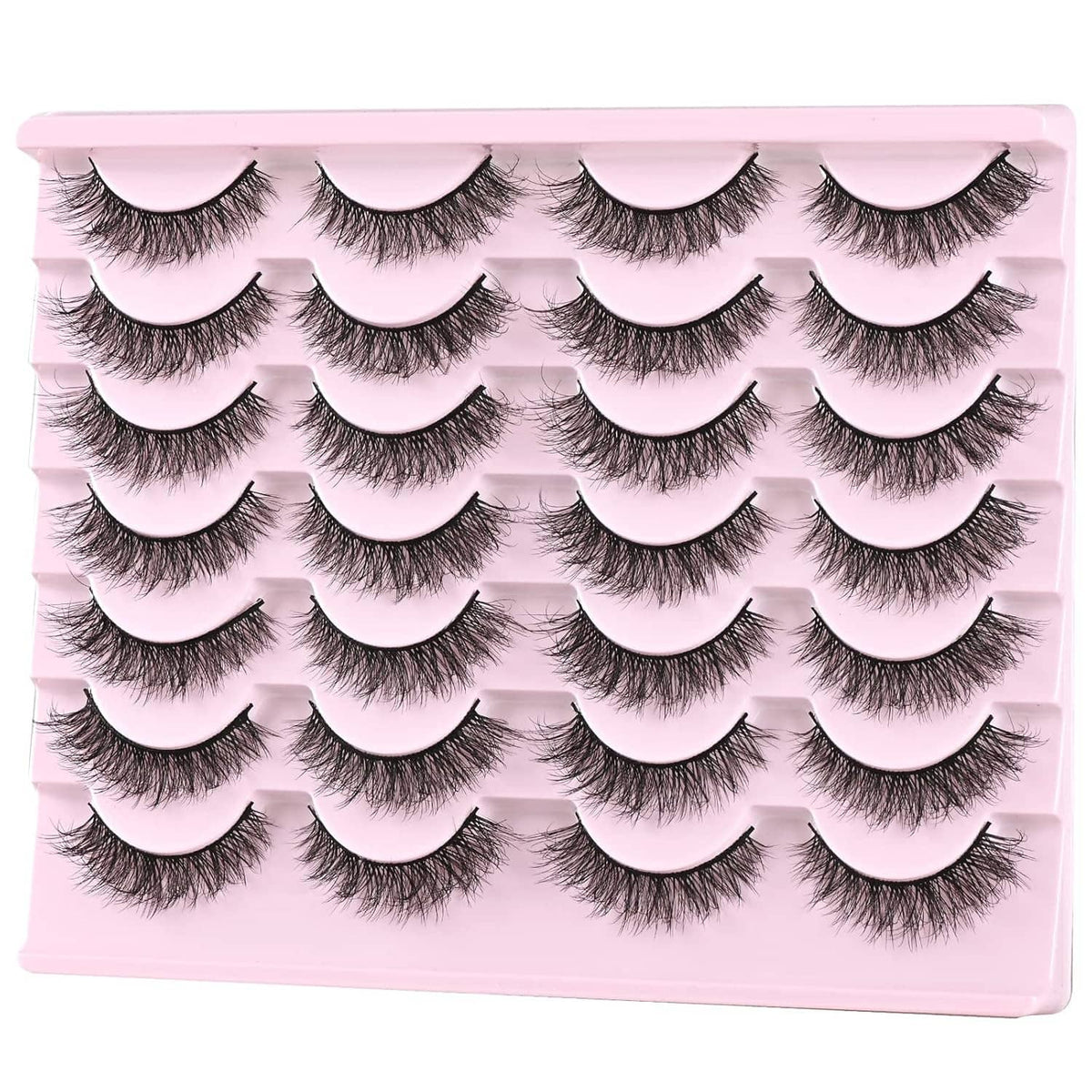 Pink lash tray holding multiple pairs of natural, short wispy false mink lashes