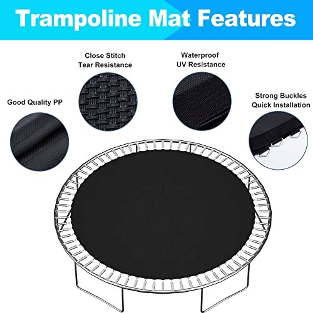 Round black trampoline mat with silver edge loops for springs and reinforced stitching