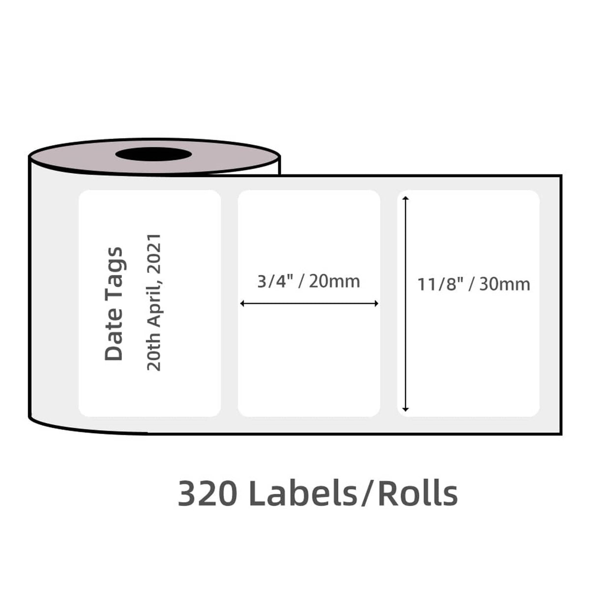 Label roll packaging diagram with date tags and 320 labels per roll