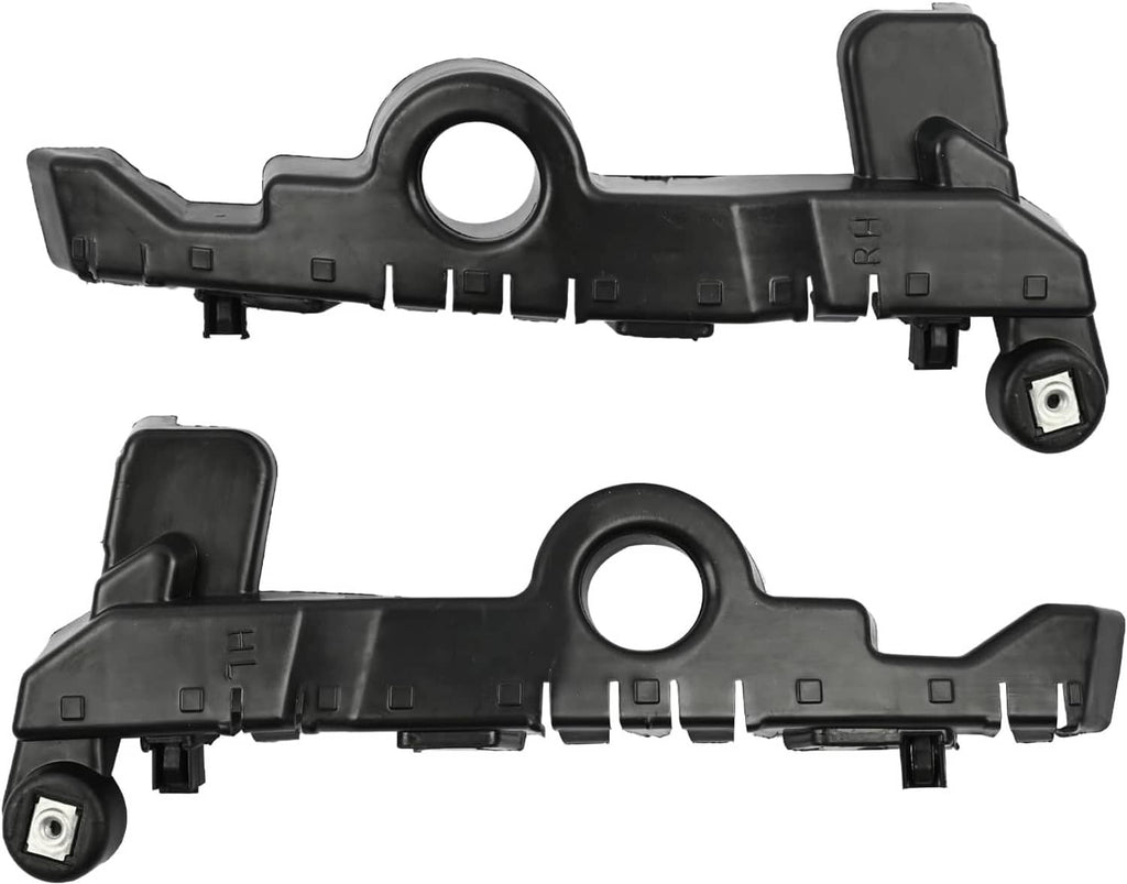 Front bumper guide bracket pair, black plastic with RH marking and bolt hole openings
