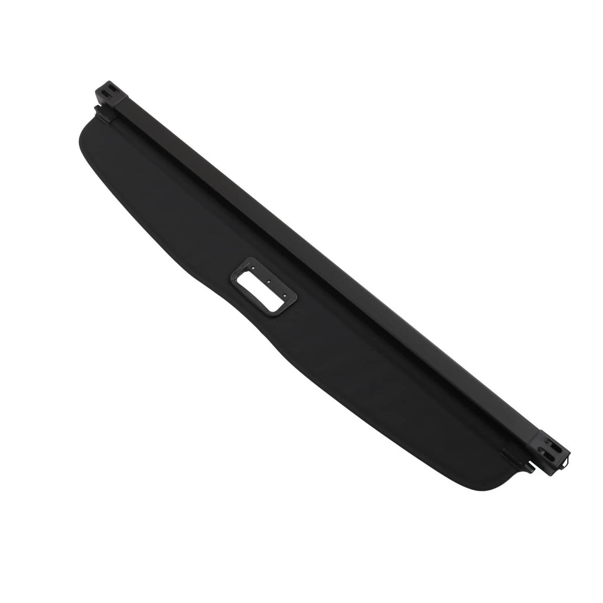 Black retractable trunk cargo cover shade rail with rectangular handle cutout