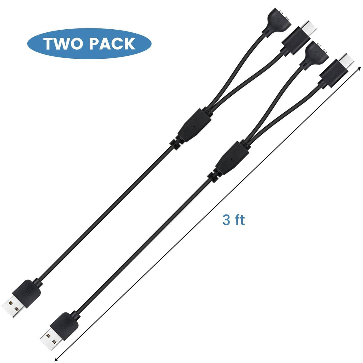 Two black USB charging cables, 3 ft each, for shock collar charger cords
