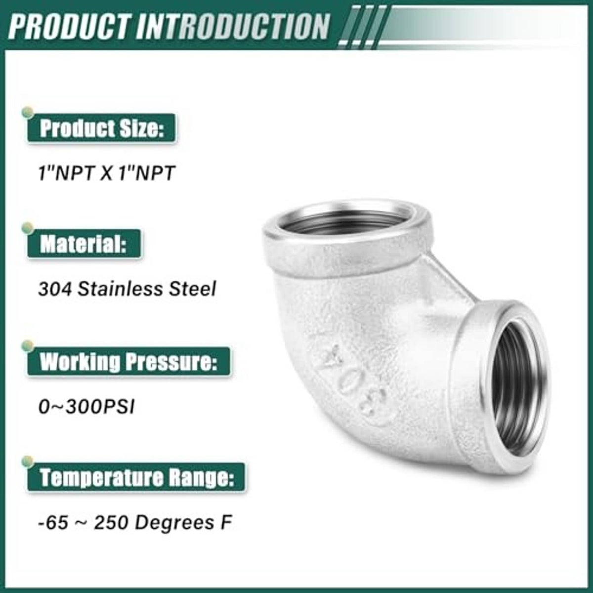 Stainless steel 90-degree elbow fitting with threaded NPT connection on the angled body.