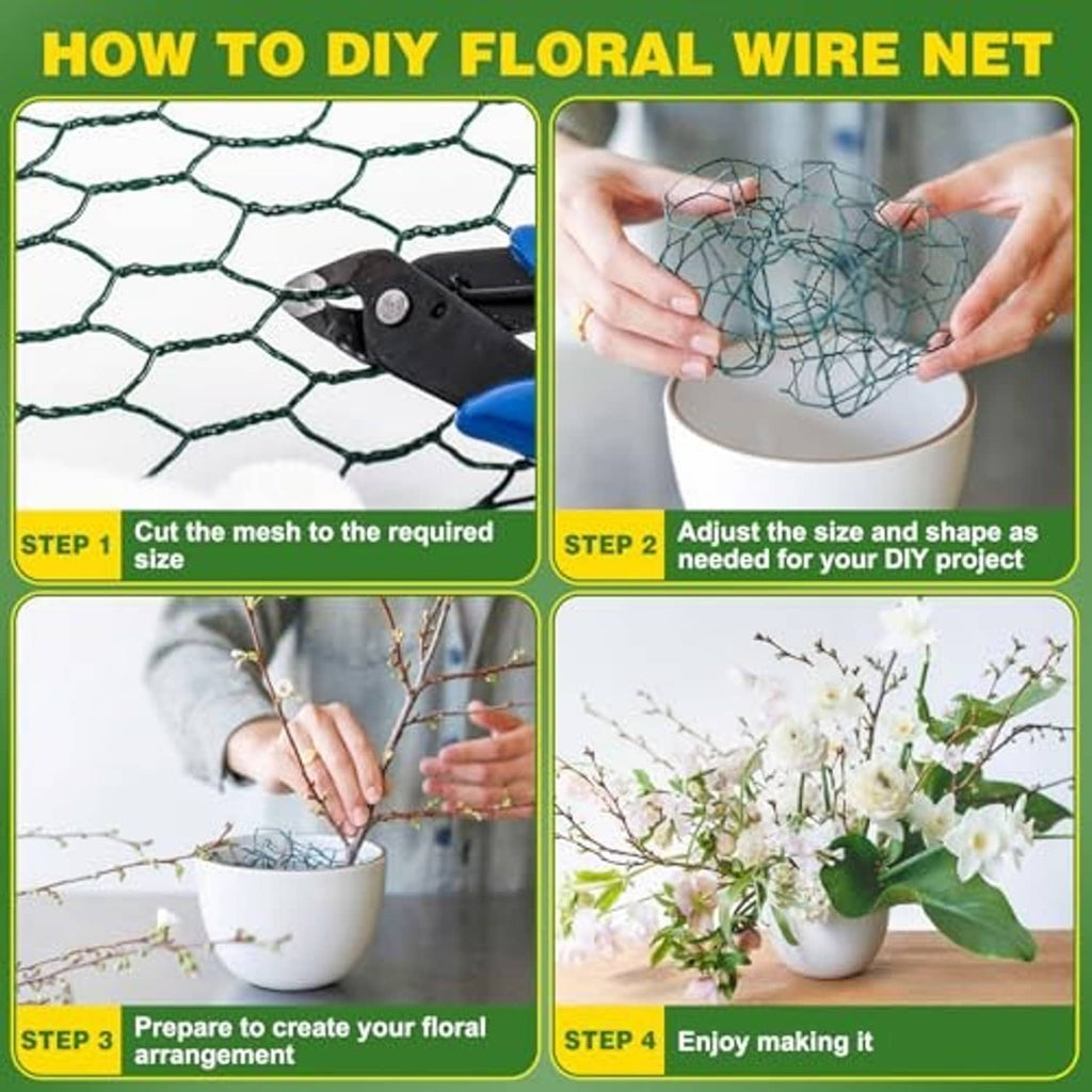 Green floral wire netting cut and shaped for a DIY floral arrangement, hexagonal mesh visible