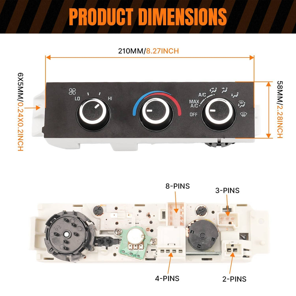 HVAC climate control module with three dial knobs and mounting connector tabs