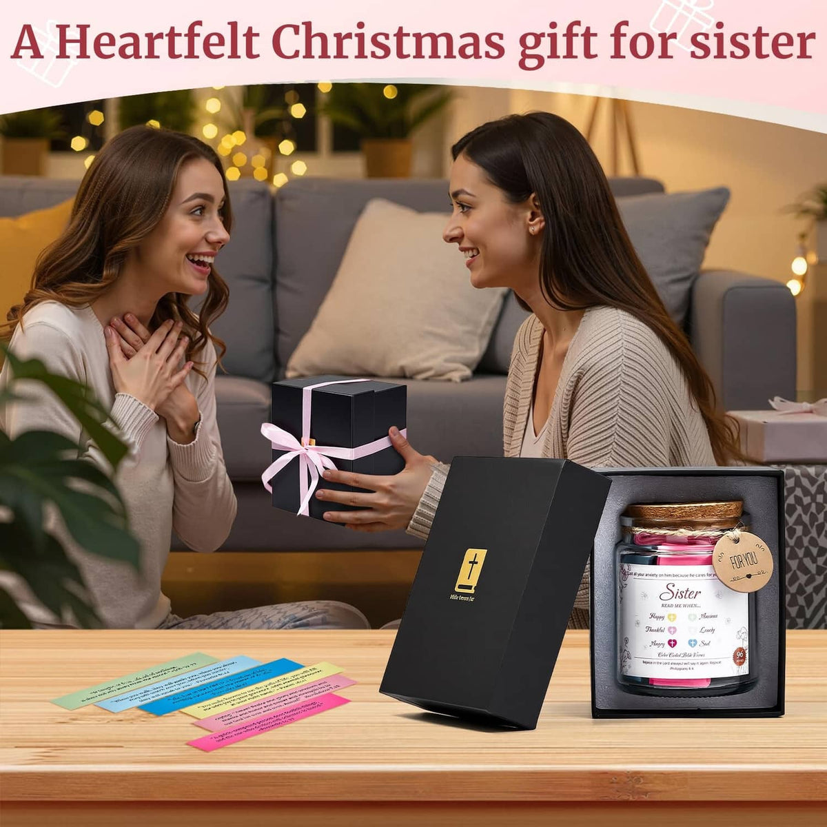 Sister verse jar in an open gift box with ribbon and cork tag labeled “Sister”
