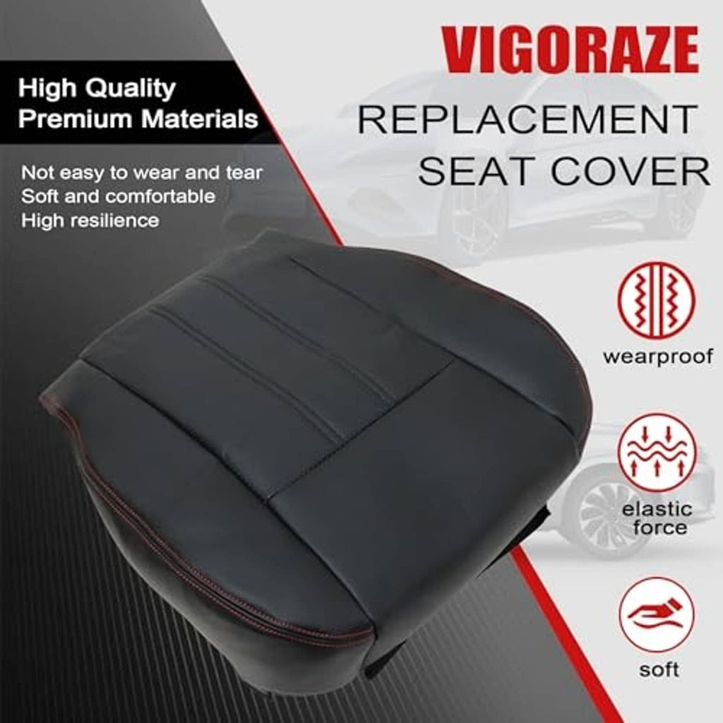 Black leather replacement seat cover with red contrast stitching and vertical seam panels