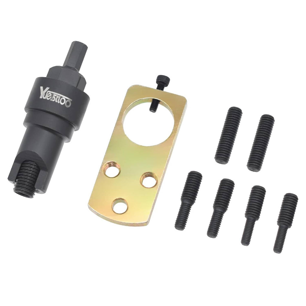 Chain guide rail pin puller tool with gold plate and black threaded bolts