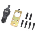 Chain guide rail pin puller tool with gold plate and black threaded bolts