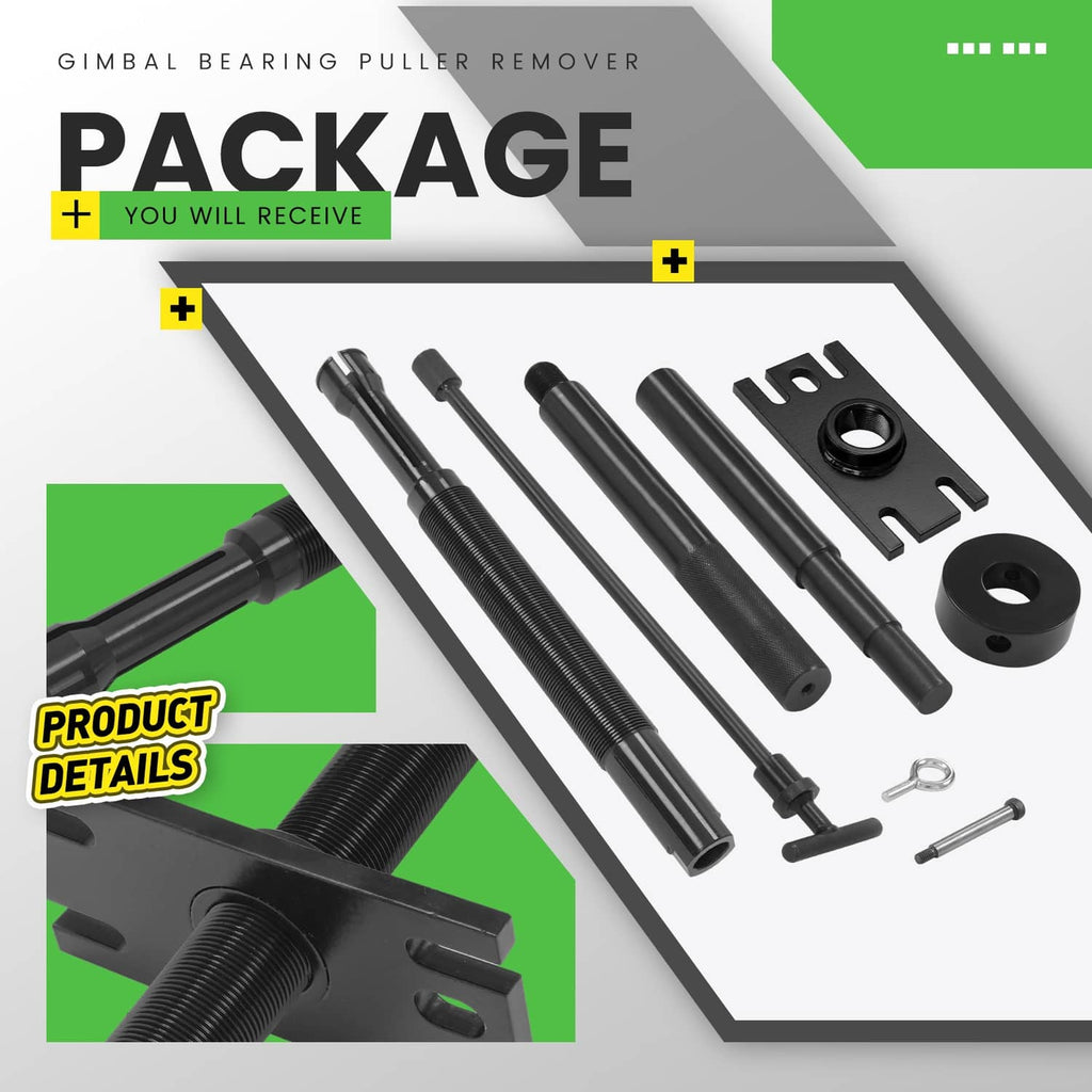 Gimbal bearing puller package contents with black shafts, mounting plates, and pins
