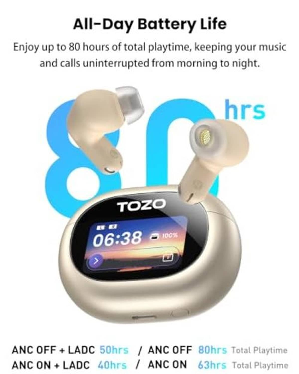 Titanium gold wireless earbuds with charging case and battery-life indicator