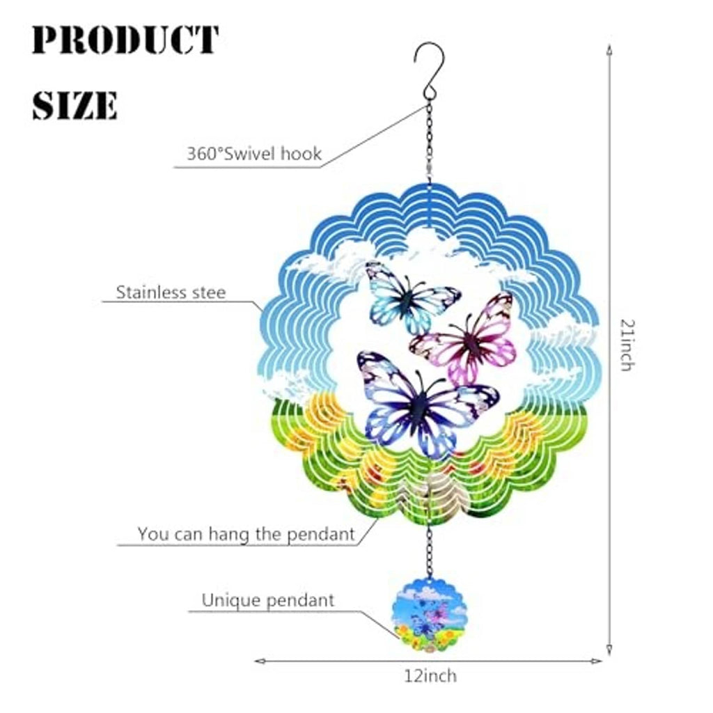 Butterfly wind spinner pendant with chain hook, blue scalloped design and floral charm