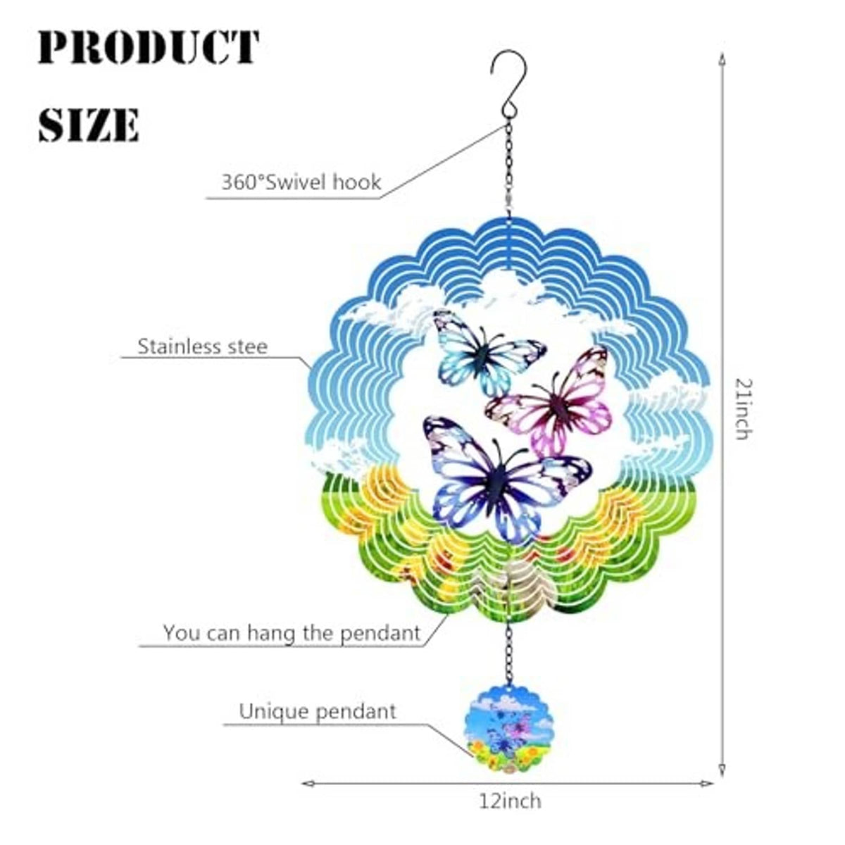 Butterfly wind spinner pendant with chain hook, blue scalloped design and floral charm