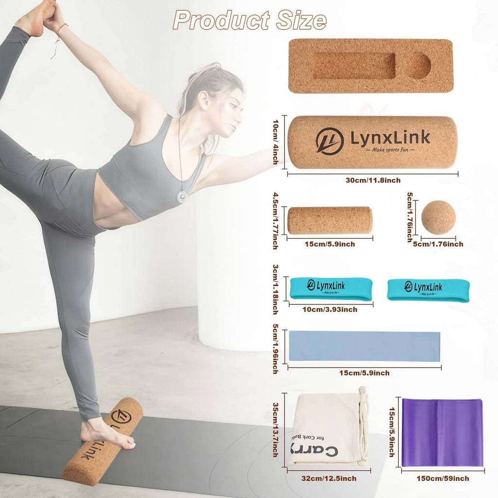 Cork balance board and roller with size diagram plus resistance bands
