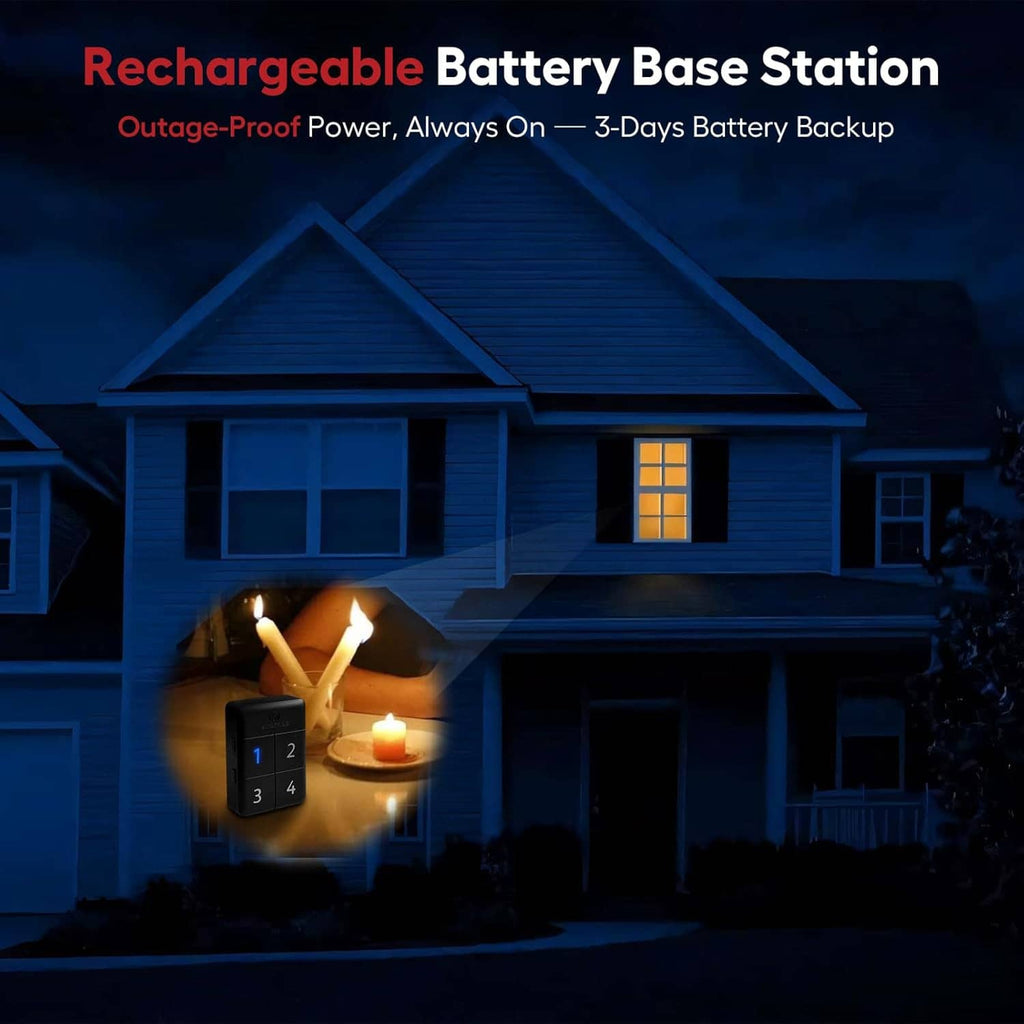 Rechargeable alarm base station with keypad and lights beside a house