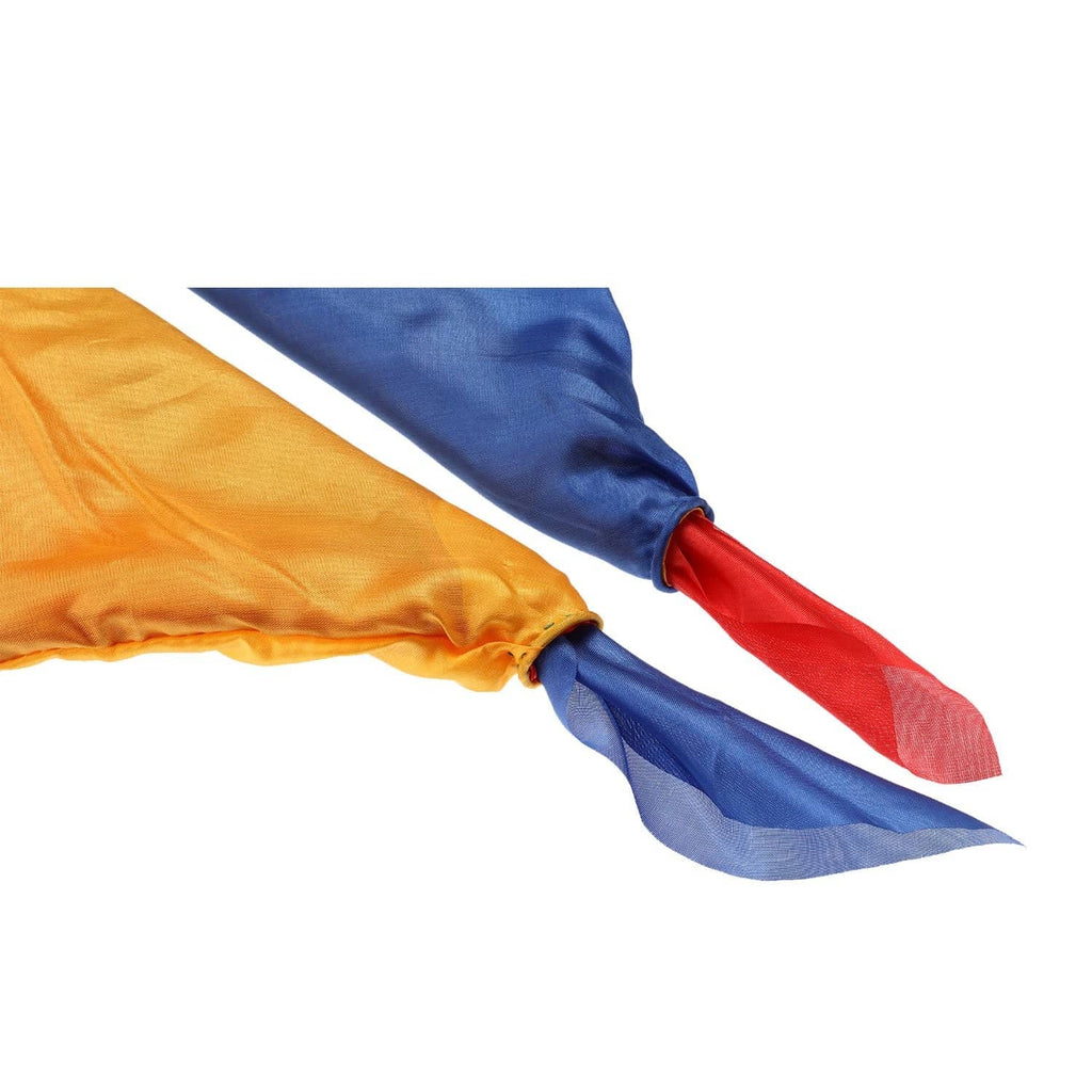 Close-up silk hanky scarf knot with orange, blue, and red fabric ends