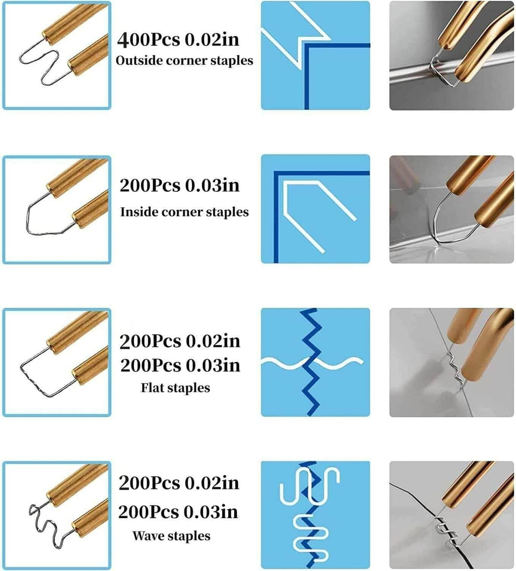 Plastic welding staples types shown, including corner and wave staples with curved legs