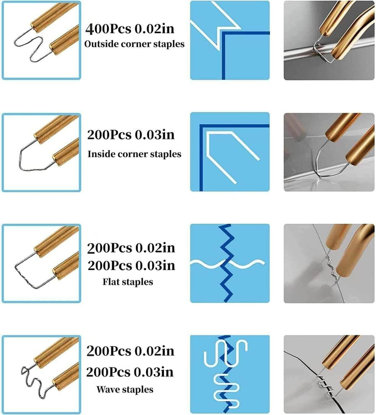 Plastic welding staples types shown, including corner and wave staples with curved legs