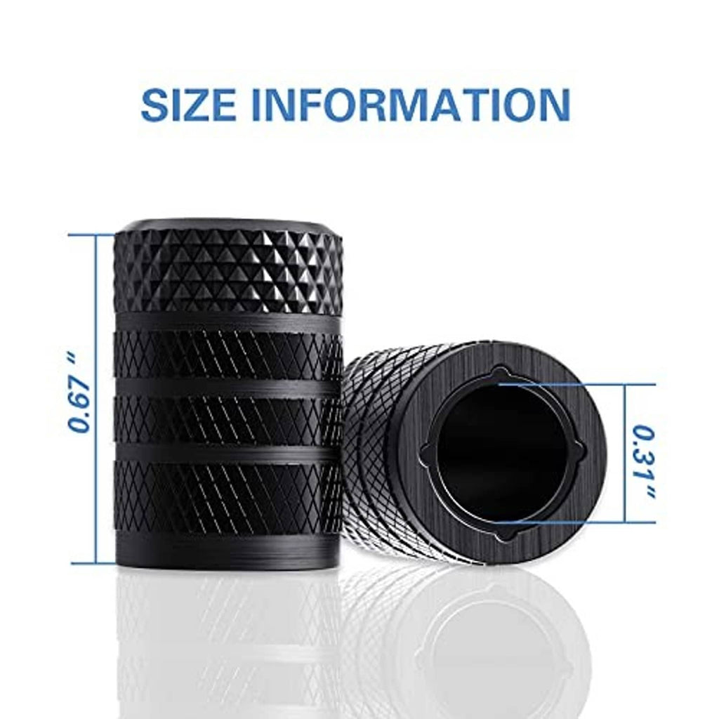Black tire valve stem caps, textured diamond pattern, showing circular valve opening