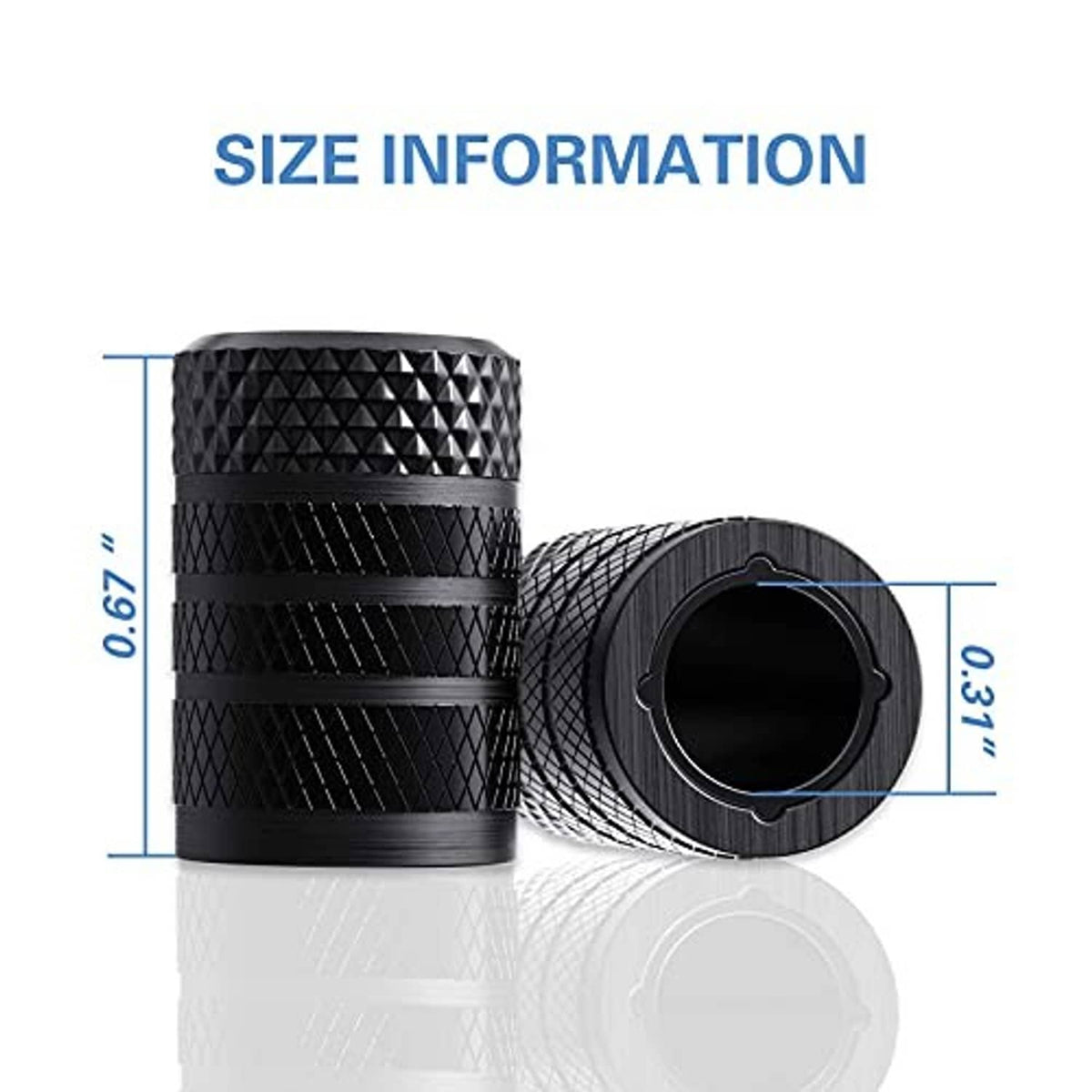 Black tire valve stem caps, textured diamond pattern, showing circular valve opening