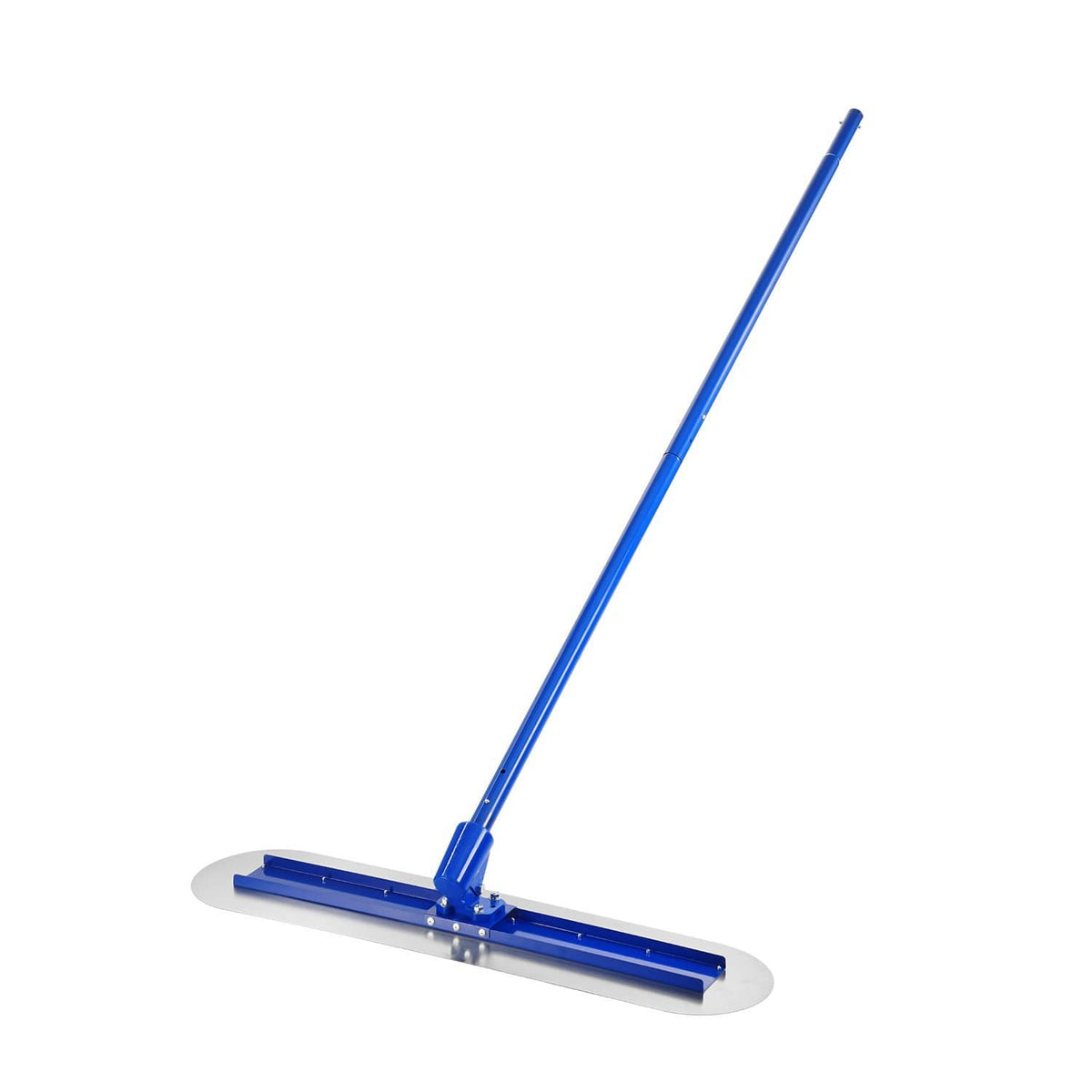 Concrete bull float leveling tool with blue blade and long handle for edging