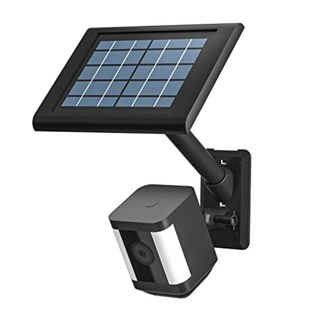 Black outdoor wall mount bracket with solar panel and camera mount, angled view
