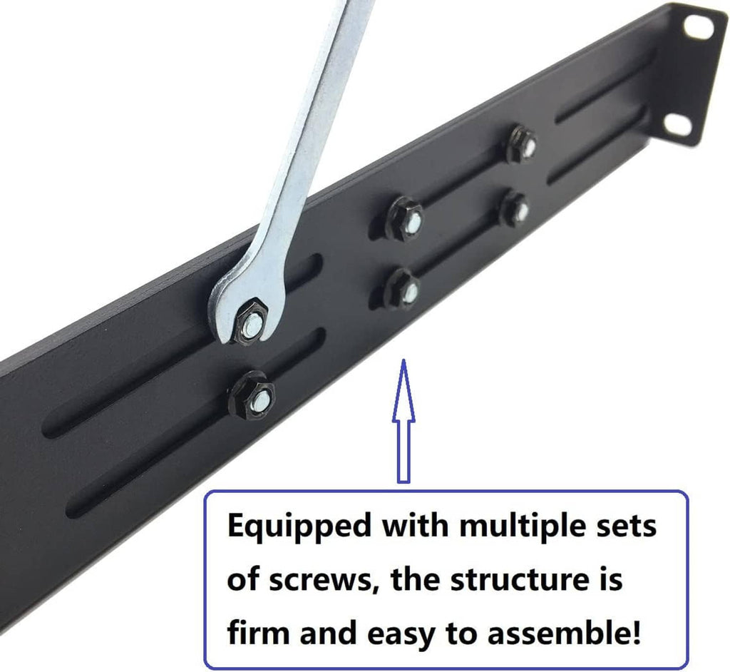 Close-up of black rack rail with multiple screw holes and mounting hardware