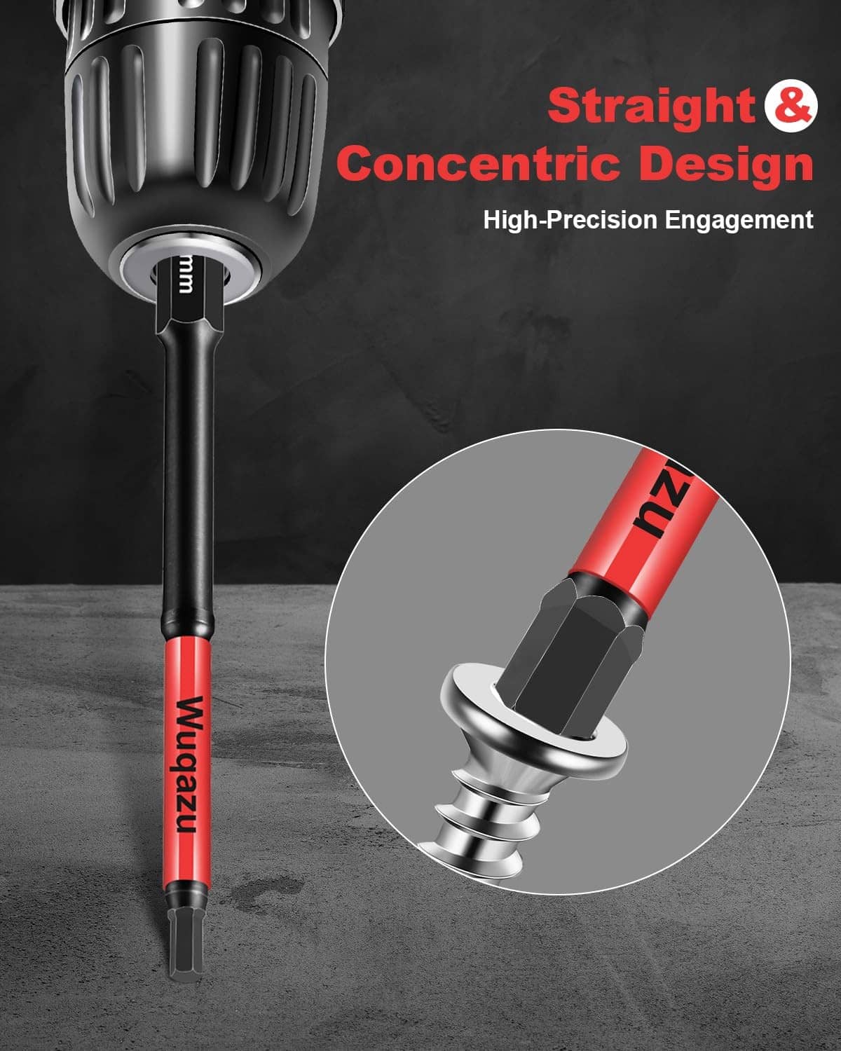 Allen impact bit close-up, straight concentric design, black hex tip with red sleeve