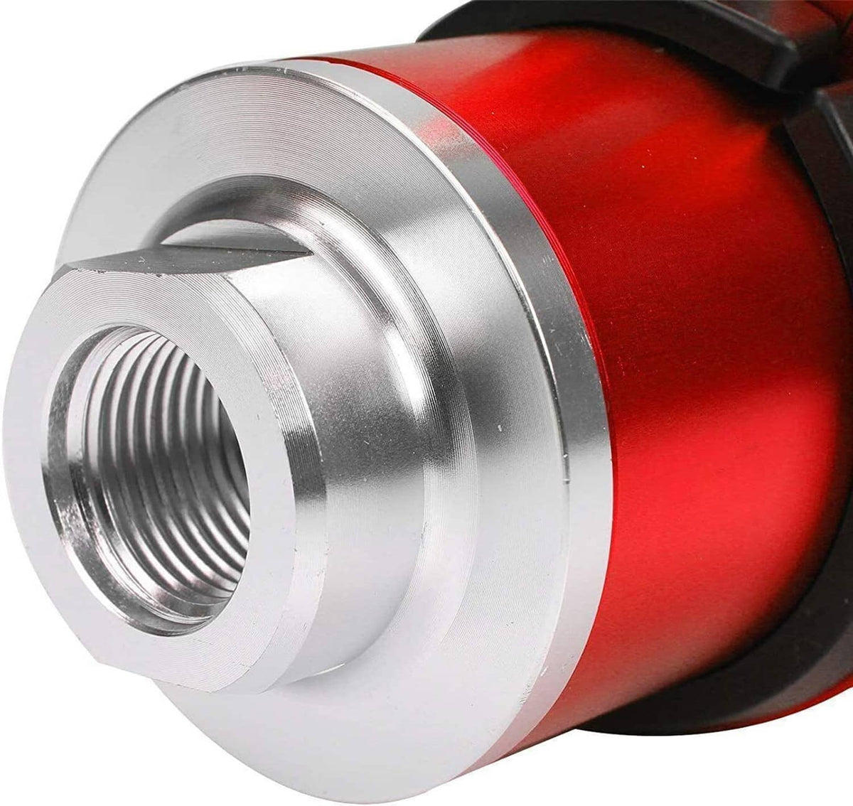 Red and silver inline fuel filter end with threaded inlet and black hose strap