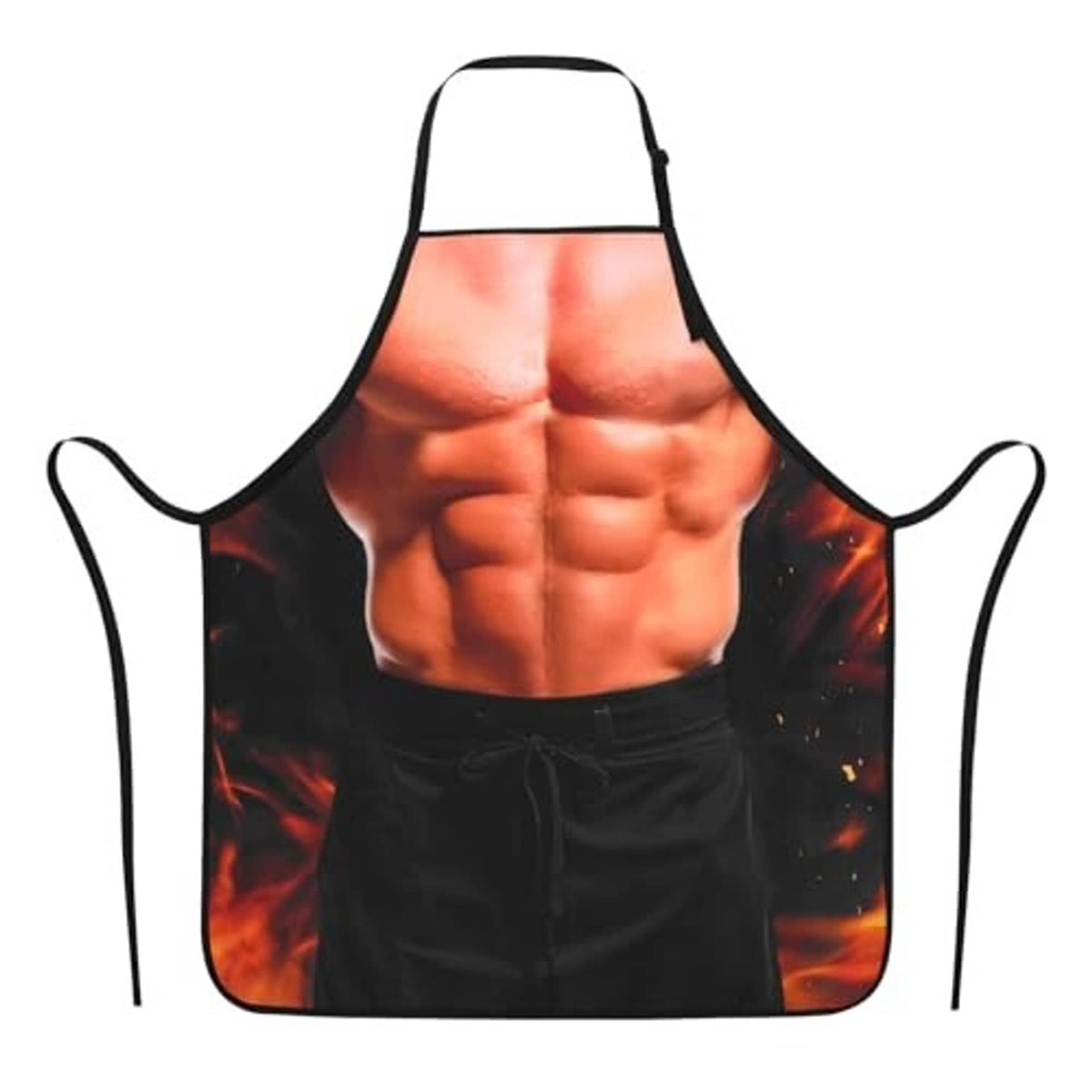 Black grilling apron with orange muscular torso print and flame-like accents