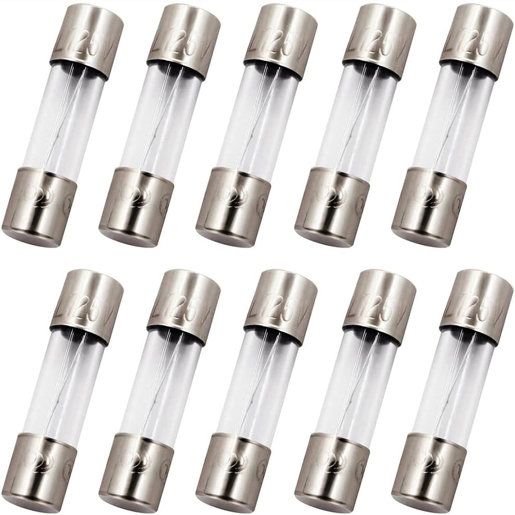 Set of 10 glass fast-blow fuses with metal end caps