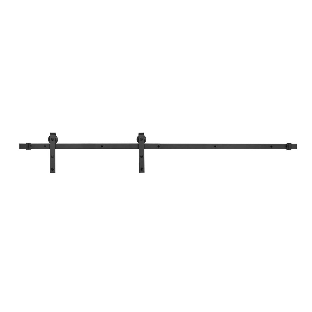 Black sliding barn door hardware rail with two mounting brackets and end caps