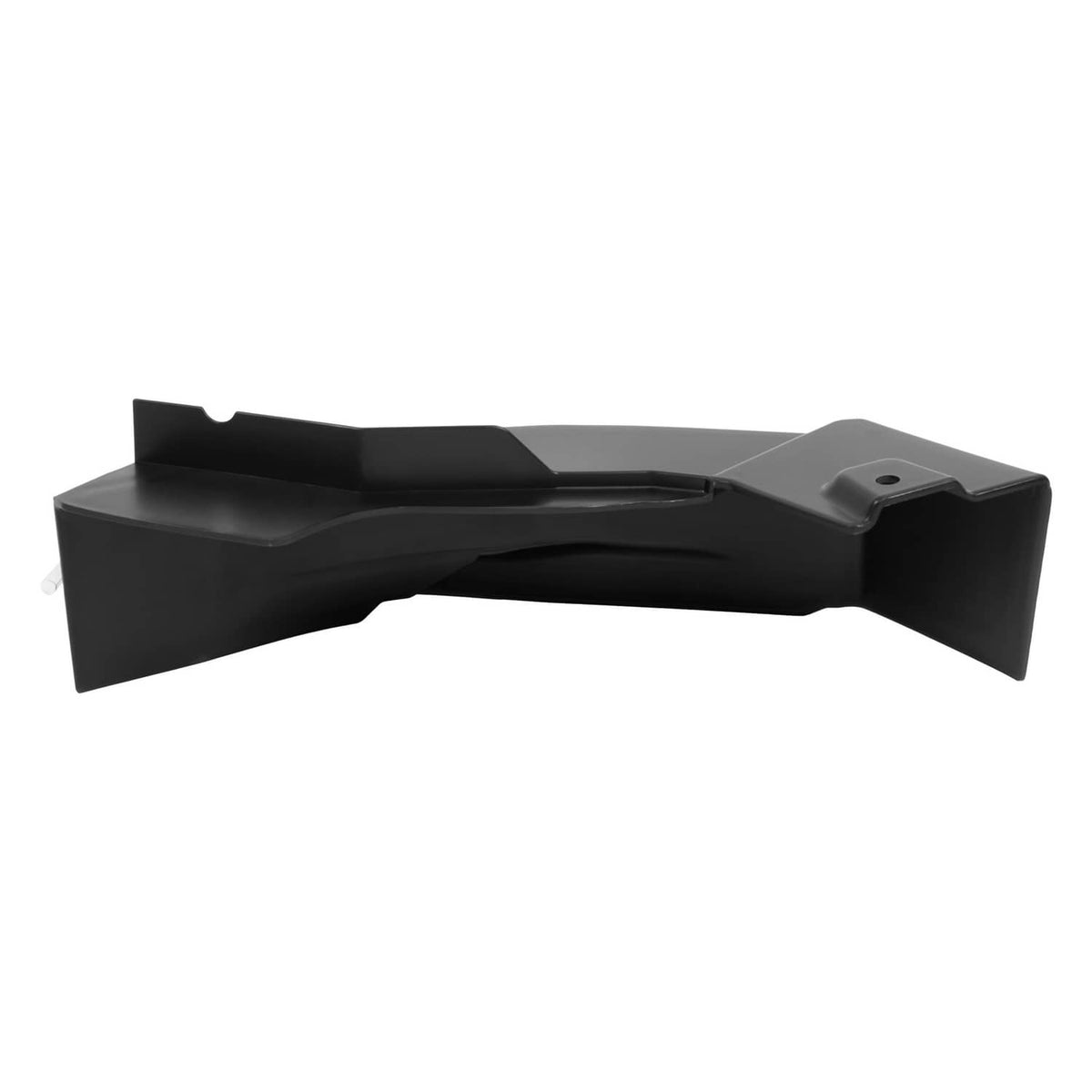 Black mulch plug chute profile view with open top and mounting tab, mower deck
