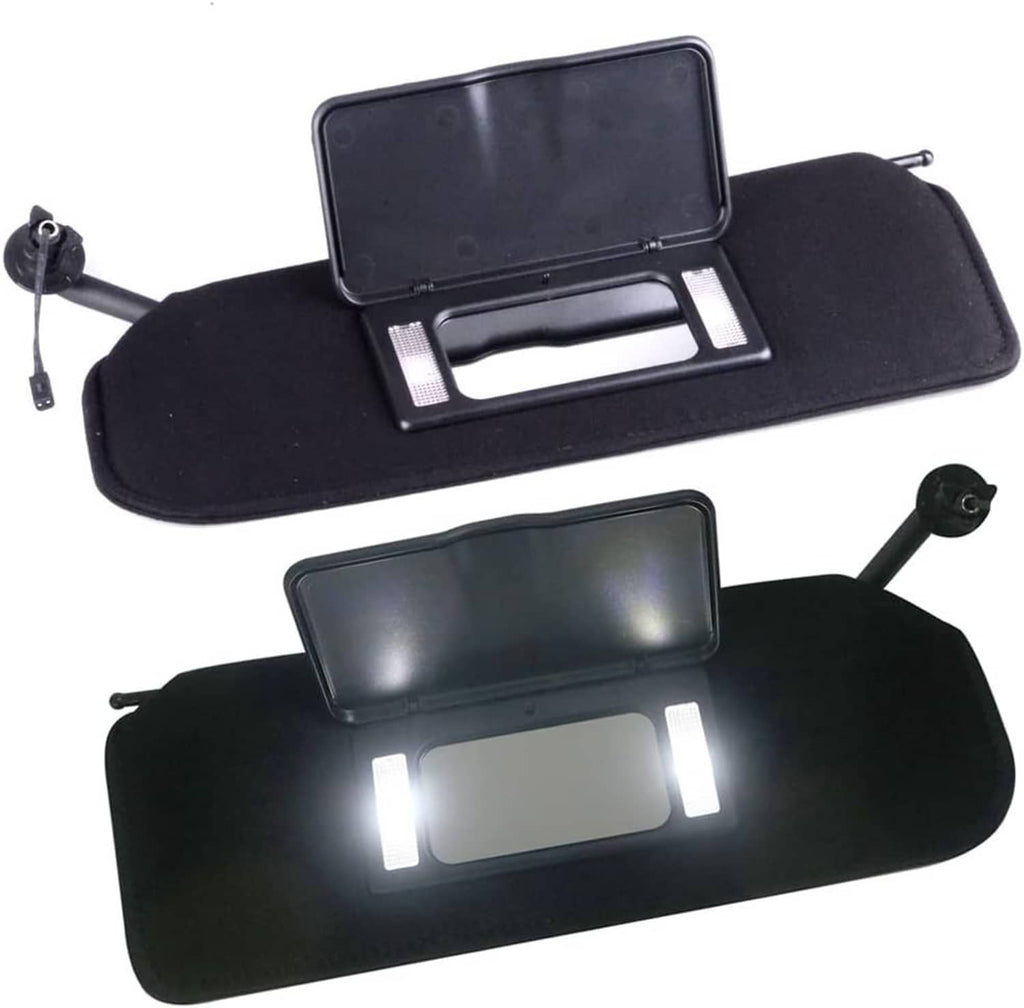 Black sun visor shades with LED lights on, showing front LED window