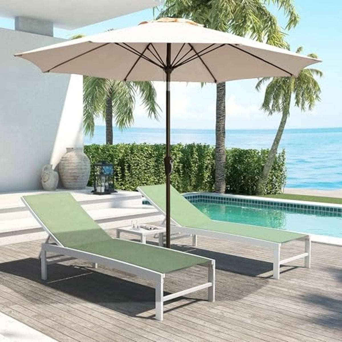 Taupe patio umbrella open over poolside lounge chairs with central stand pole