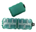 Green hard fishing tackle box with hinged lid and snap latch, compact organizer case