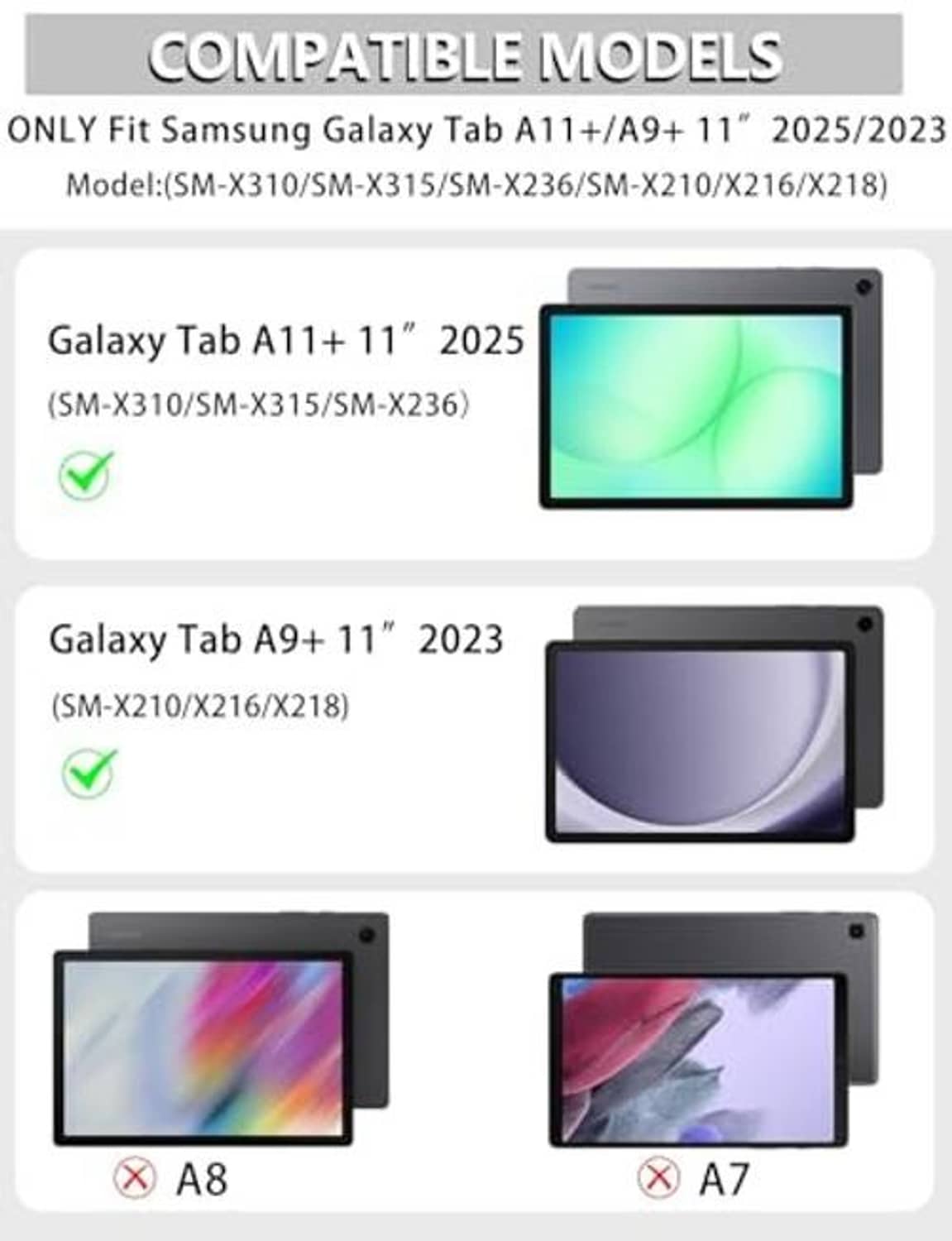 Compatibility chart for tablet models showing supported Galaxy Tab A11/A9 11-inch