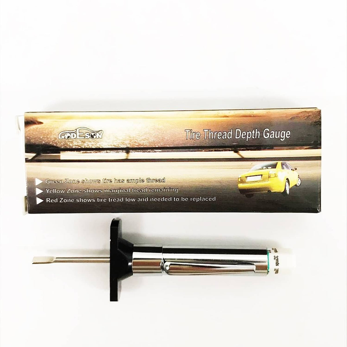 GODESON tire tread depth gauge retail box with car graphic and color range text